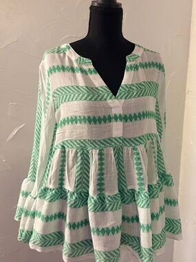 Wavy Chevron Tiered Peasant Blouse - White & Mint Green